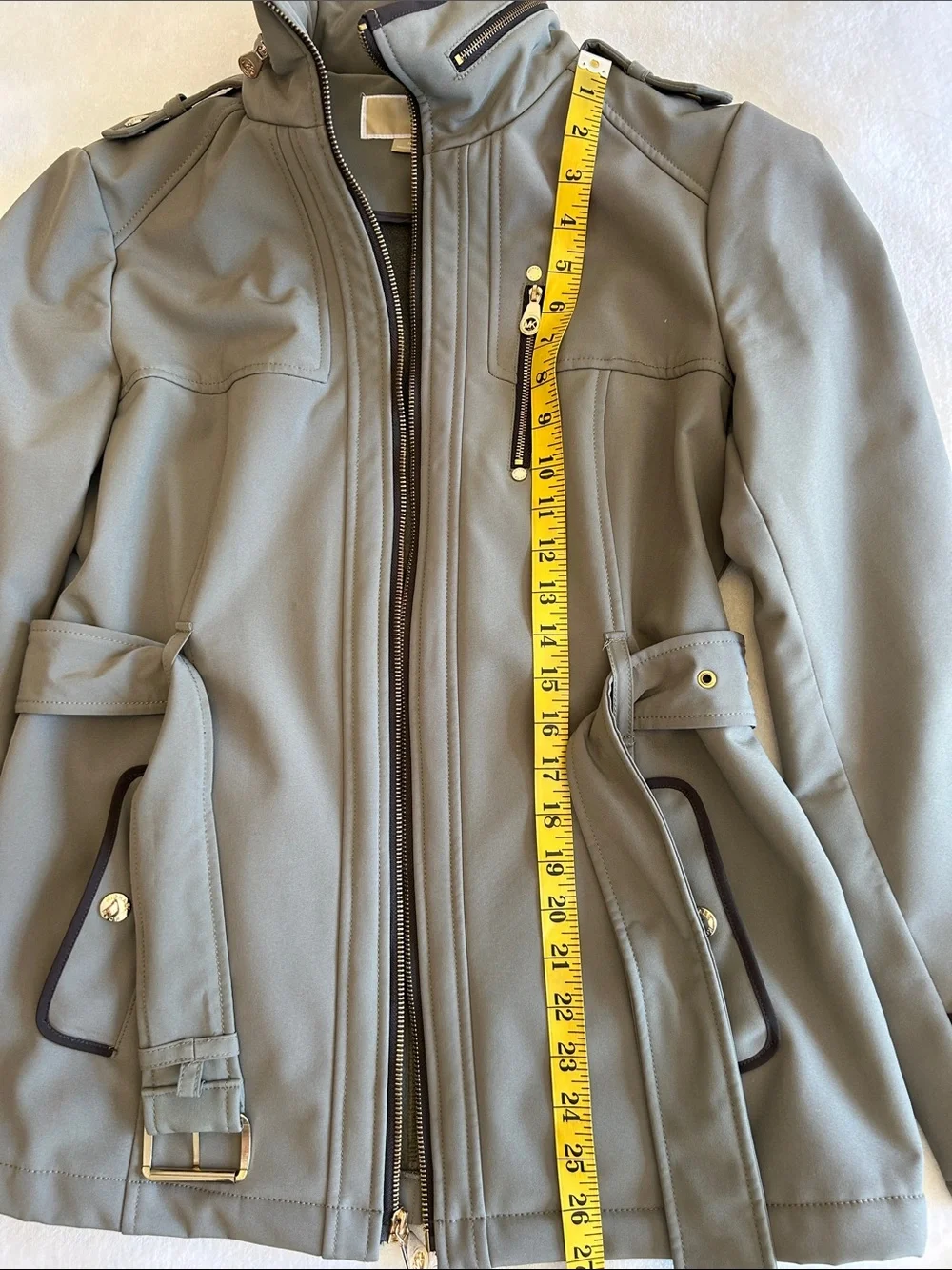 Michael Kors Women’s Softshell Olive Green Belted Jacket With Hidden Hood Size M